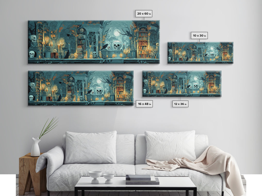 The Catacomb Library - Icon Portrait, Spooky Wall Decor, Extra Wide Wall Art, Framed Canvas Print, Halloween Home Decor, Gothic Wall Art