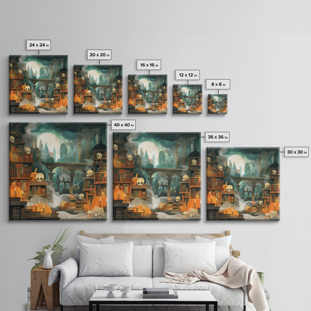 The Catacomb Library - Environmental Panorama, Macabre Halloween Art, Square Wall Art, Framed Canvas Print, Halloween Home Decor