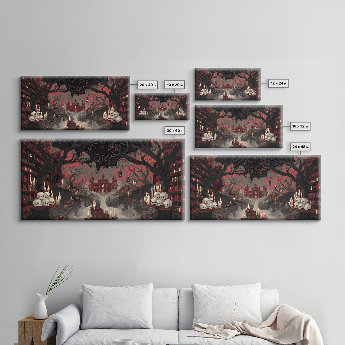 The Catacomb Library - Environmental Panorama, Macabre Halloween Art, Wide Panoramic Art, Framed Canvas Print, Halloween Home Decor