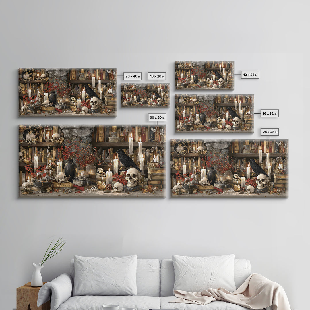 The Catacomb Library - Occult Still Life, Halloween Wall Art, Wide Panoramic Art, Framed Canvas Print, Halloween Home Decor, Gothic Wall Art