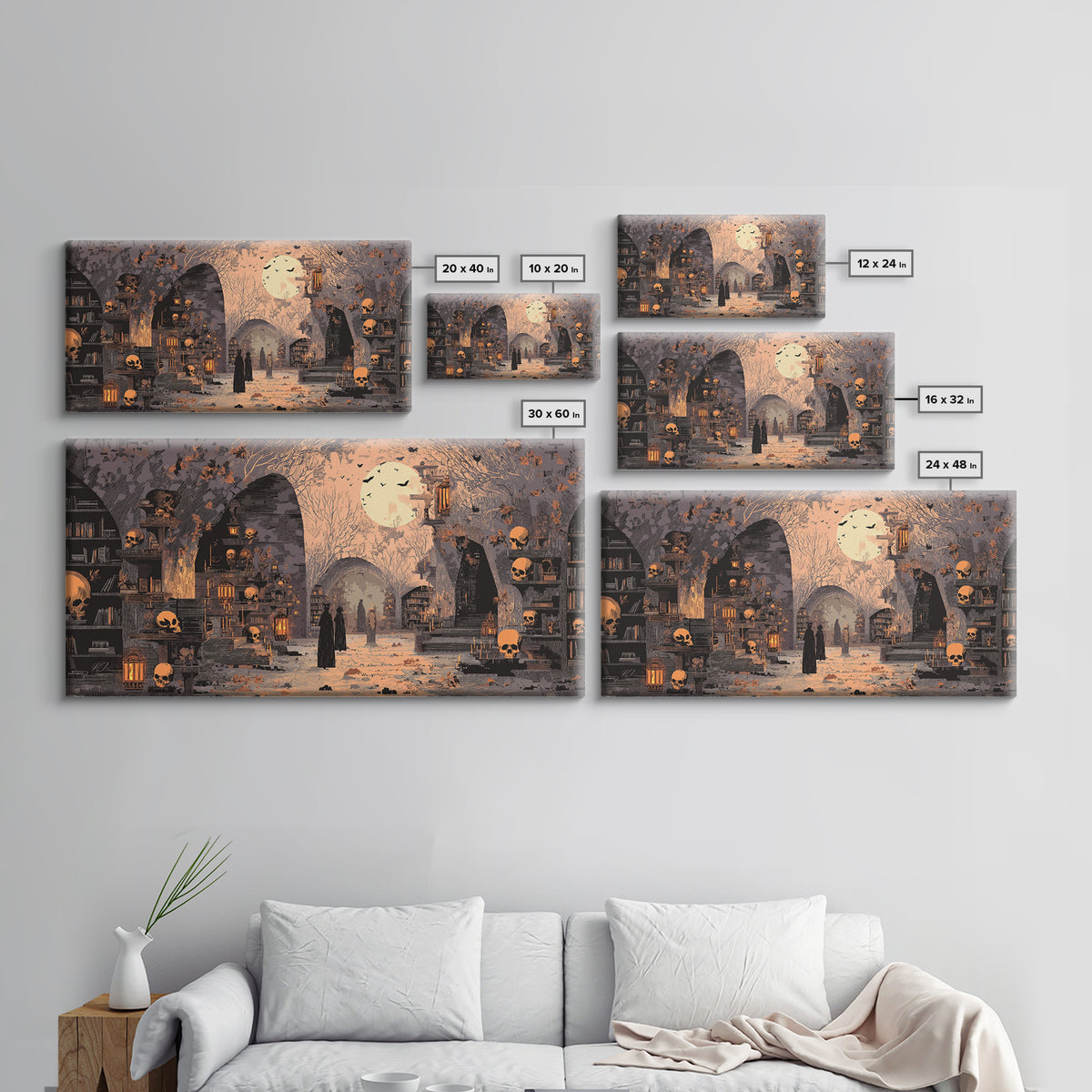 The Catacomb Library - Procession Scene, Occult Wall Decor, Wide Panoramic Art, Canvas Print, Halloween Home Decor, Gothic Wall Art