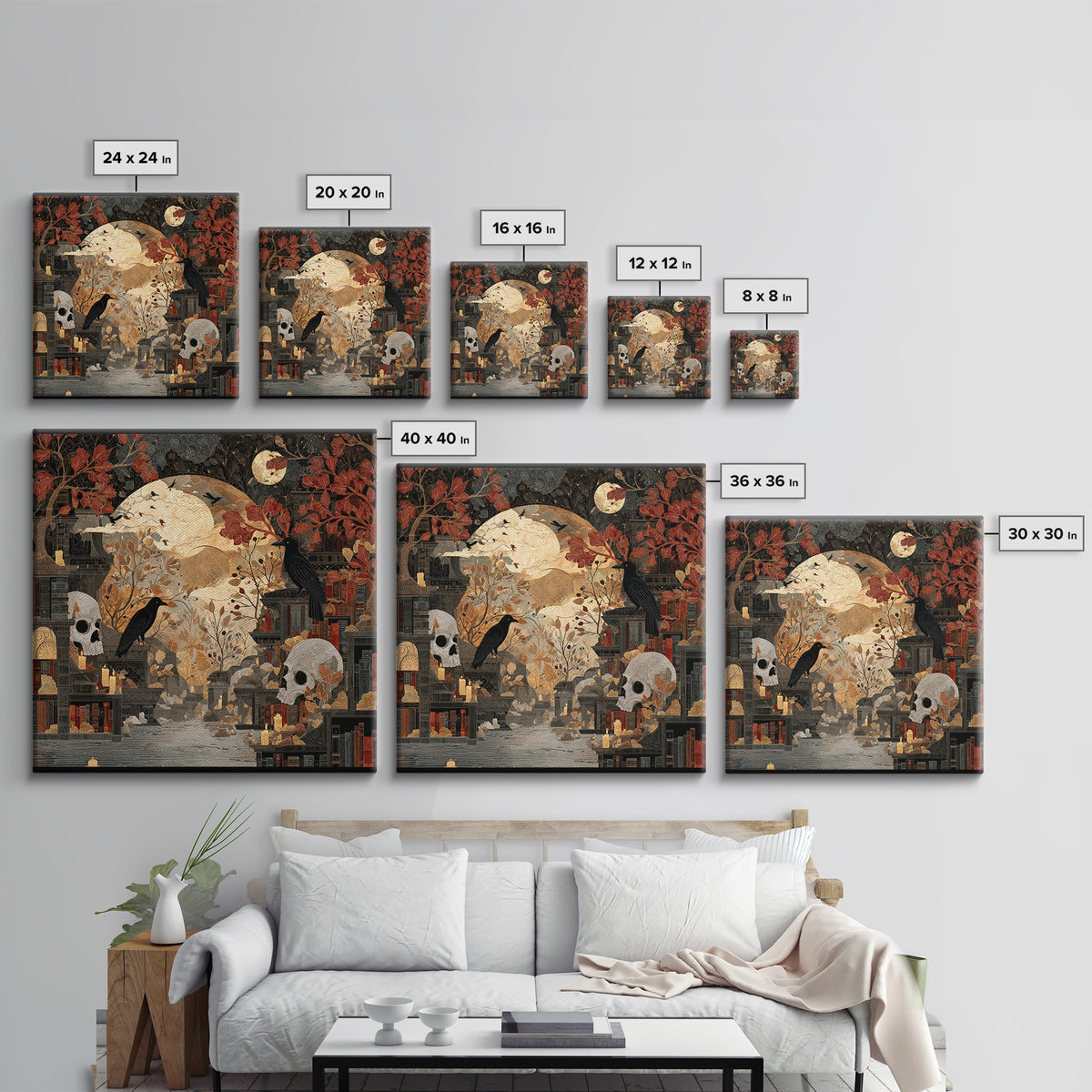 The Catacomb Library - Surreal Celestial Vision, Macabre Halloween Art, Square Wall Art, Framed Canvas Print, Halloween Home Decor