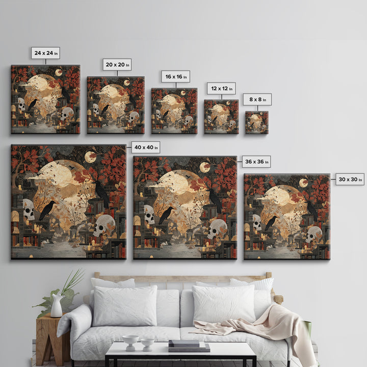 The Catacomb Library - Surreal Celestial Vision, Macabre Halloween Art, Square Wall Art, Framed Canvas Print, Halloween Home Decor