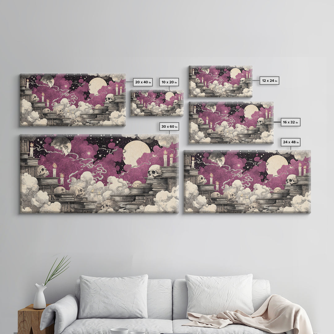 The Catacomb Library - Surreal Celestial Vision, Halloween Wall Art, Wide Panoramic Art, Framed Canvas Print, Halloween Home Decor