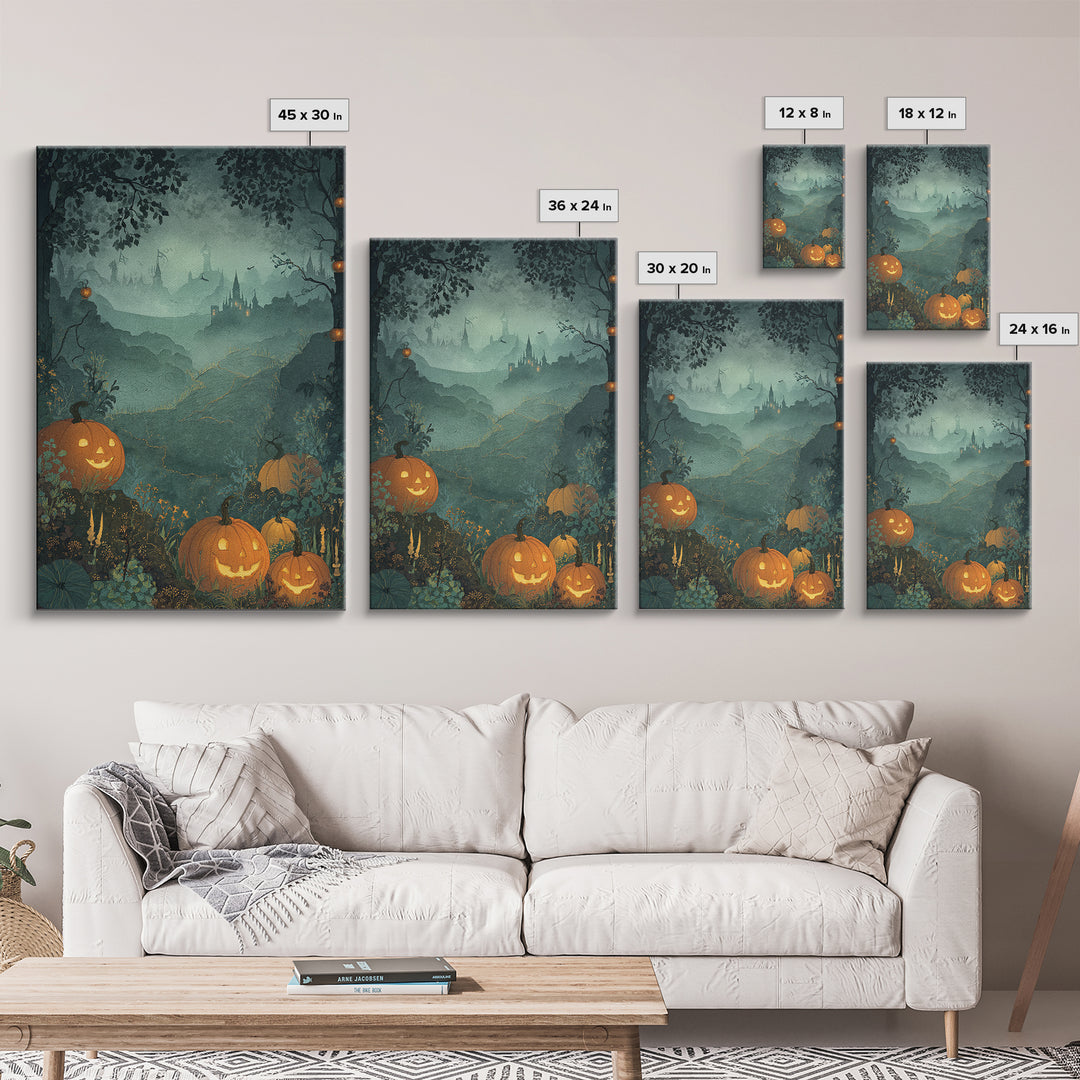 The Jack-O-Lantern Crown Jewels - Environmental Panorama, Spooky Wall Decor, Vertical Wall Art, Framed Canvas Print, Halloween Home Decor