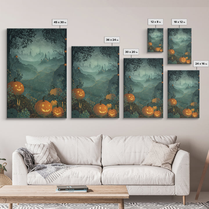 The Jack-O-Lantern Crown Jewels - Environmental Panorama, Spooky Wall Decor, Vertical Wall Art, Framed Canvas Print, Halloween Home Decor