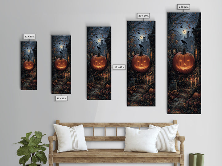 The Jack-O-Lantern Crown Jewels - Environmental Panorama, Macabre Halloween Art, Tall Narrow Wall Art, Framed Canvas Print, Gothic Wall Art