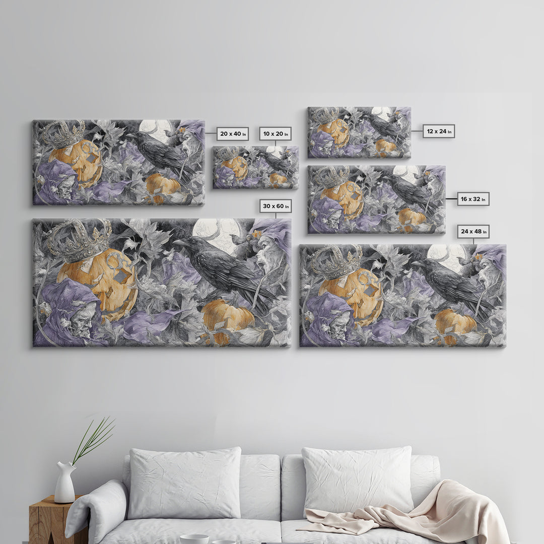 The Jack-O-Lantern Crown Jewels - Procession Scene, Spooky Wall Decor, Wide Panoramic Art, Framed Canvas Print, Halloween Home Decor