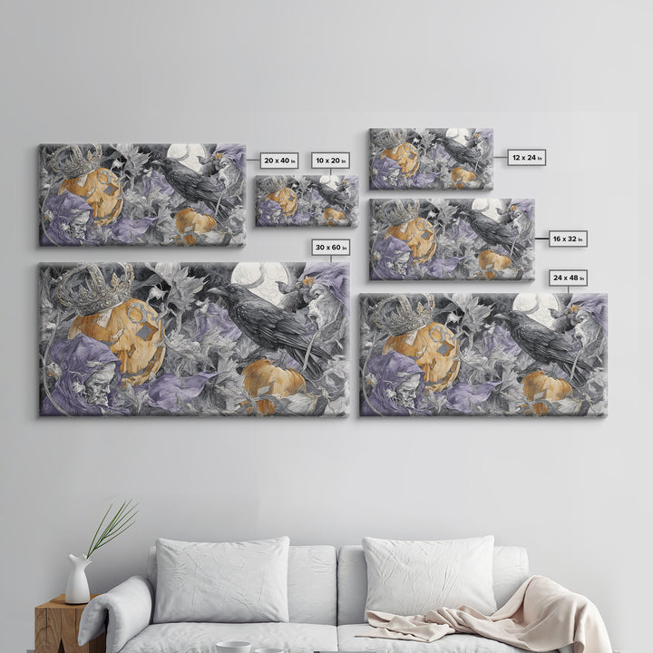 The Jack-O-Lantern Crown Jewels - Procession Scene, Spooky Wall Decor, Wide Panoramic Art, Framed Canvas Print, Halloween Home Decor