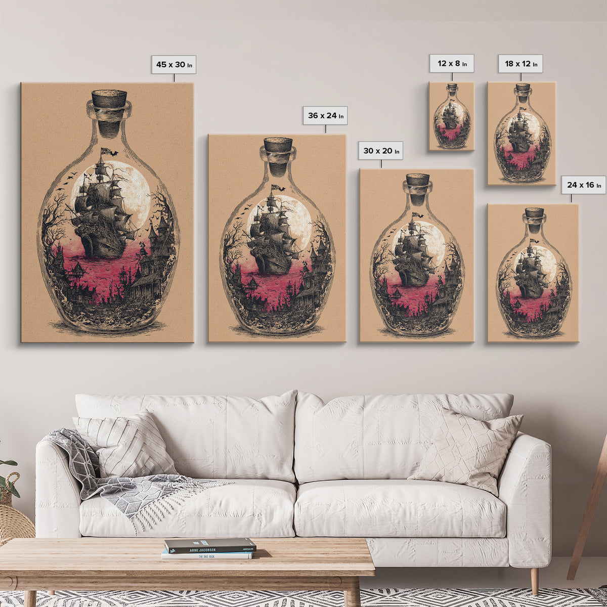The Ghost Ship In A Bottle - Icon Portrait, Spooky Wall Decor, Vertical Wall Art, Framed Canvas Print, Halloween Home Decor, Gothic Wall Art