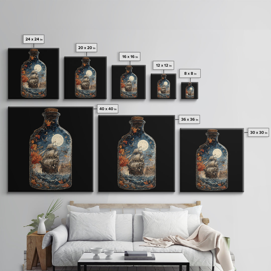 The Ghost Ship In A Bottle - Icon Portrait, Macabre Halloween Art, Square Wall Art, Framed Canvas Print, Halloween Home Decor