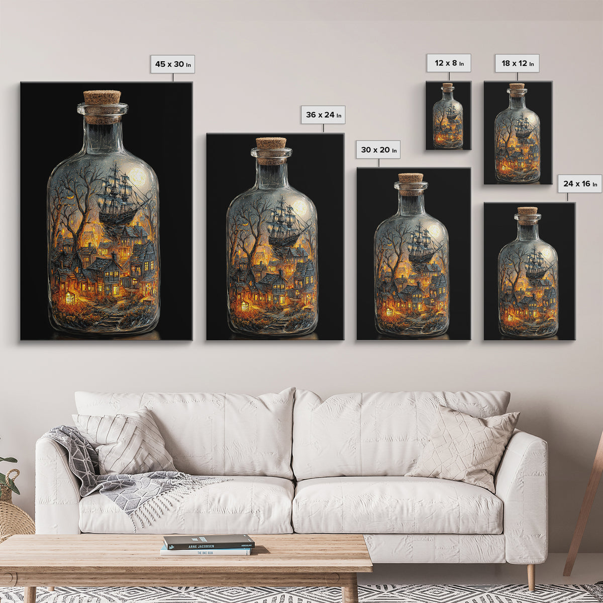 The Ghost Ship In A Bottle - Environmental Panorama, Macabre Halloween Art, Vertical Wall Art, Framed Canvas Print, Halloween Home Decor
