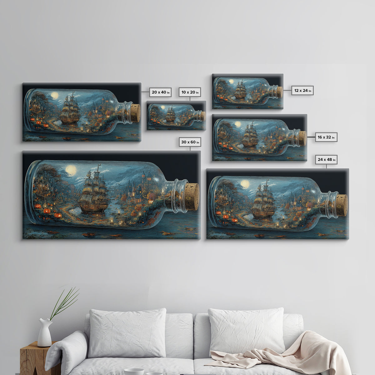 The Ghost Ship In A Bottle - Environmental Panorama, Gothic Home Decor, Wide Panoramic Art, Canvas Print, Halloween Home Decor
