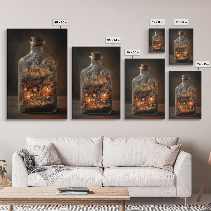 The Ghost Ship In A Bottle - Occult Still Life, Dark Fantasy Wall Art, Vertical Wall Art, Canvas Print, Halloween Home Decor