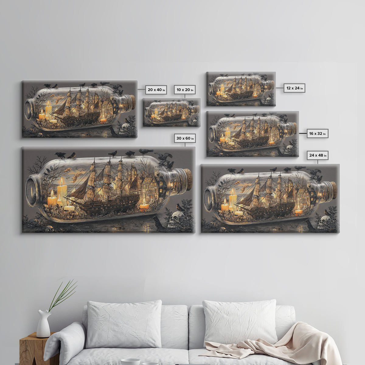 The Ghost Ship In A Bottle - Occult Still Life, Spooky Wall Decor, Wide Panoramic Art, Framed Canvas Print, Halloween Home Decor