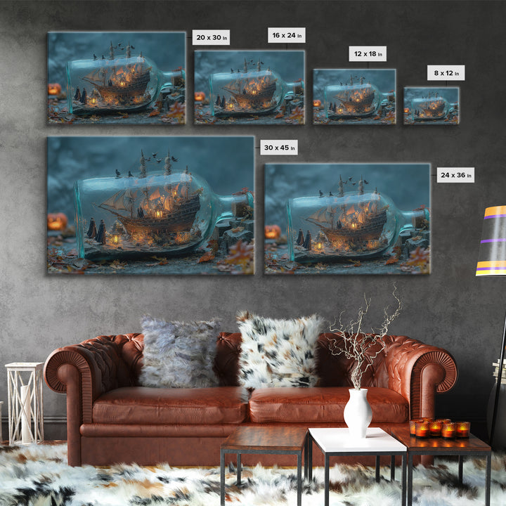 The Ghost Ship In A Bottle - Procession Scene, Dark Fantasy Wall Art, Landscape Wall Art, Canvas Print, Halloween Home Decor
