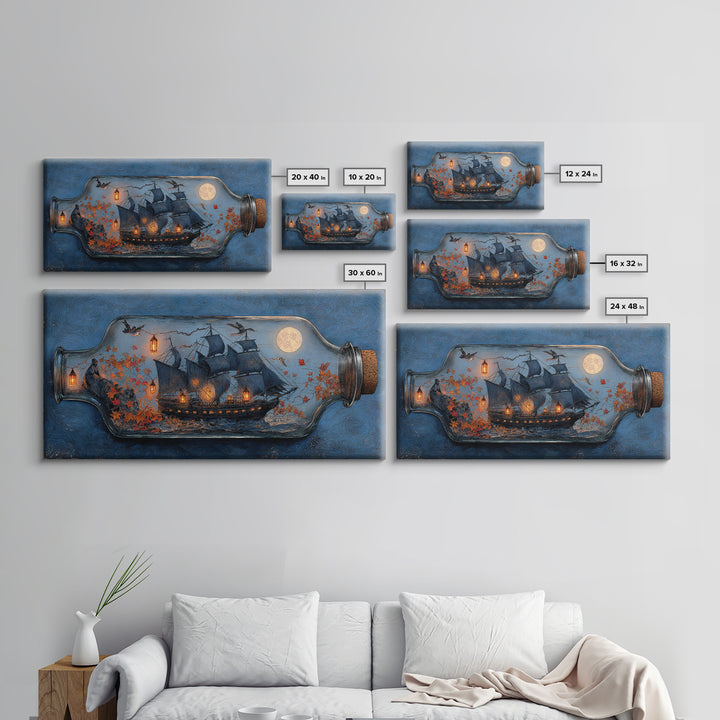 The Ghost Ship In A Bottle - Procession Scene, Occult Wall Decor, Wide Panoramic Art, Canvas Print, Halloween Home Decor, Gothic Wall Art
