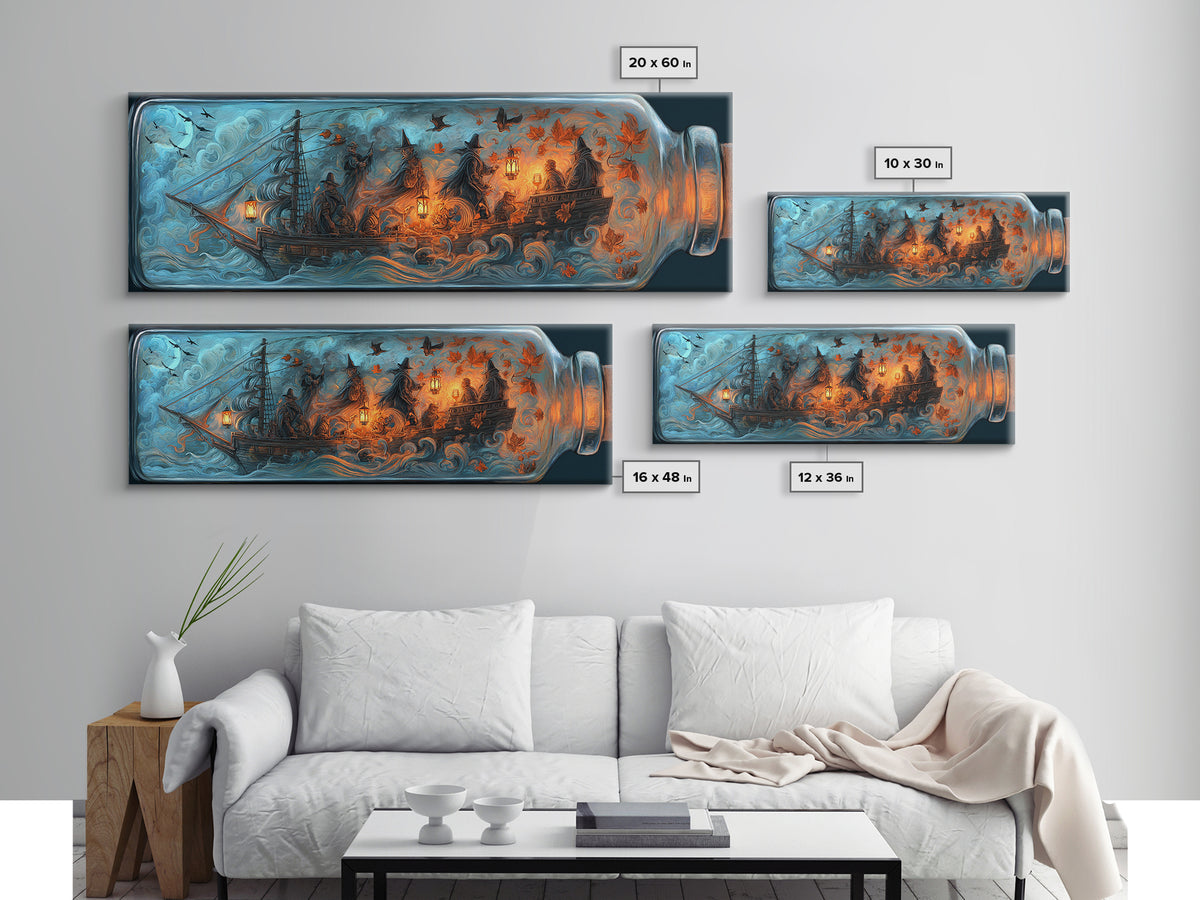 The Ghost Ship In A Bottle - Procession Scene, Halloween Wall Art, Extra Wide Wall Art, Framed Canvas Print, Halloween Home Decor