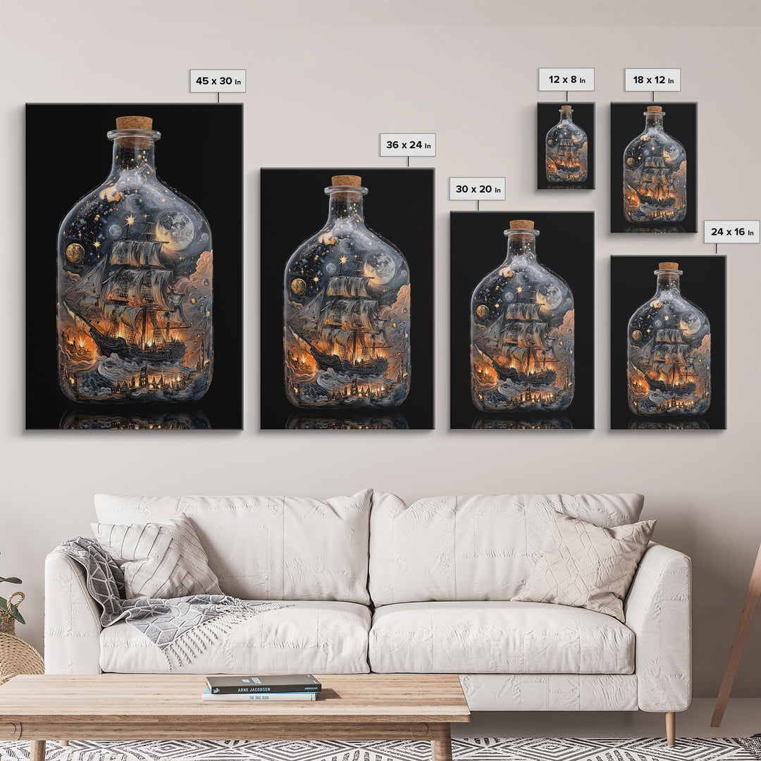 The Ghost Ship In A Bottle - Surreal Celestial Vision, Spooky Wall Decor, Vertical Wall Art, Framed Canvas Print, Halloween Home Decor