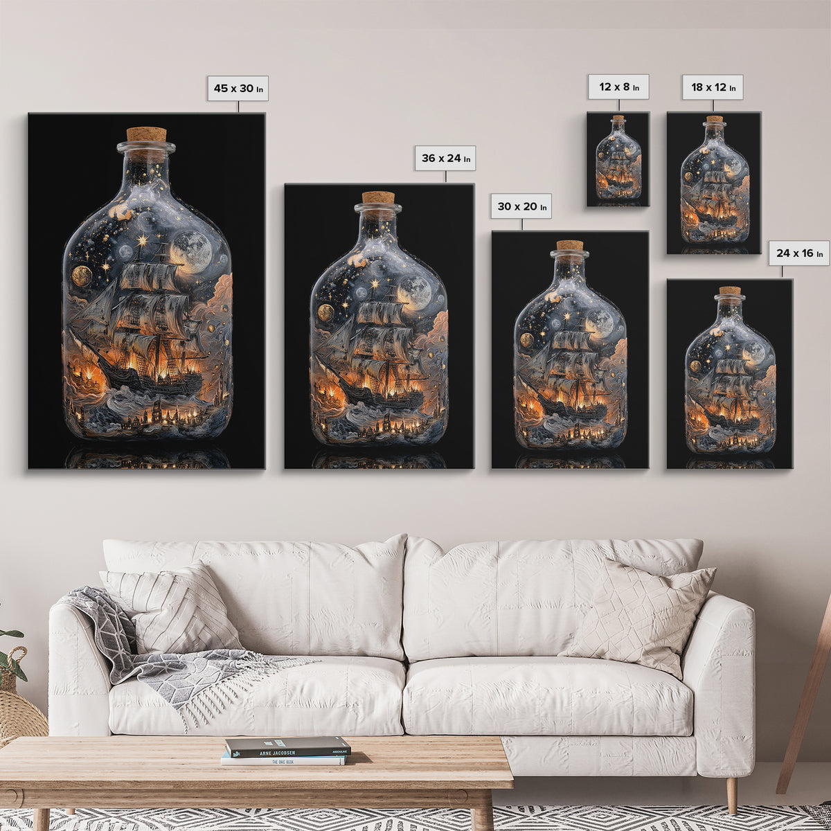 The Ghost Ship In A Bottle - Surreal Celestial Vision, Spooky Wall Decor, Vertical Wall Art, Framed Canvas Print, Halloween Home Decor