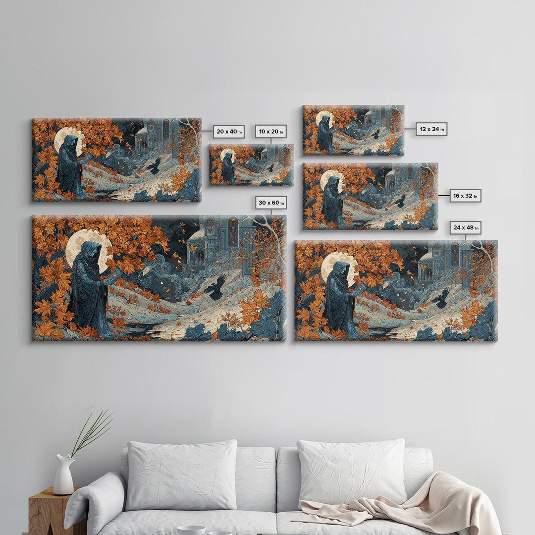 The Harvest Moon Tarot Reader - Environmental Panorama, Dark Fantasy Wall Art, Wide Panoramic Art, Canvas Print, Halloween Home Decor