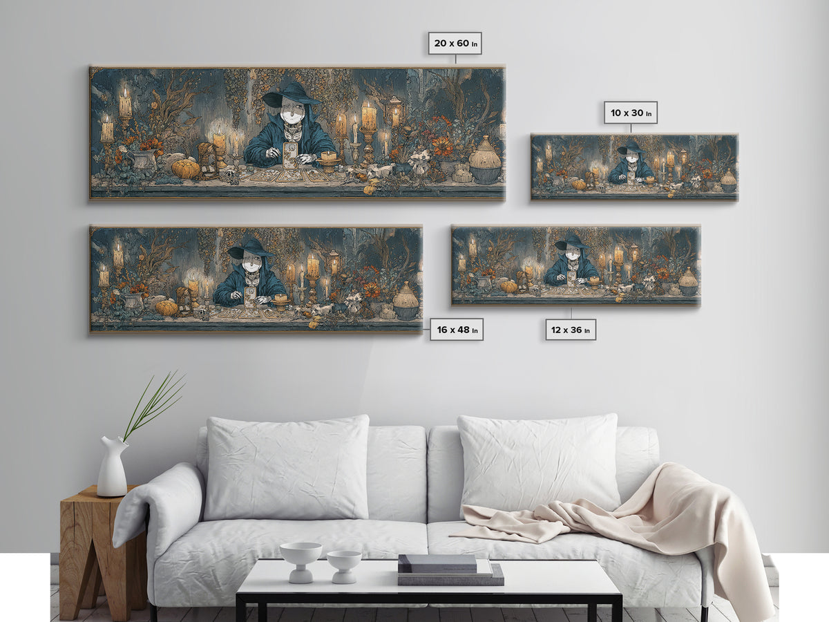 The Harvest Moon Tarot Reader - Occult Still Life, Spooky Wall Decor, Extra Wide Wall Art, Framed Canvas Print, Halloween Home Decor