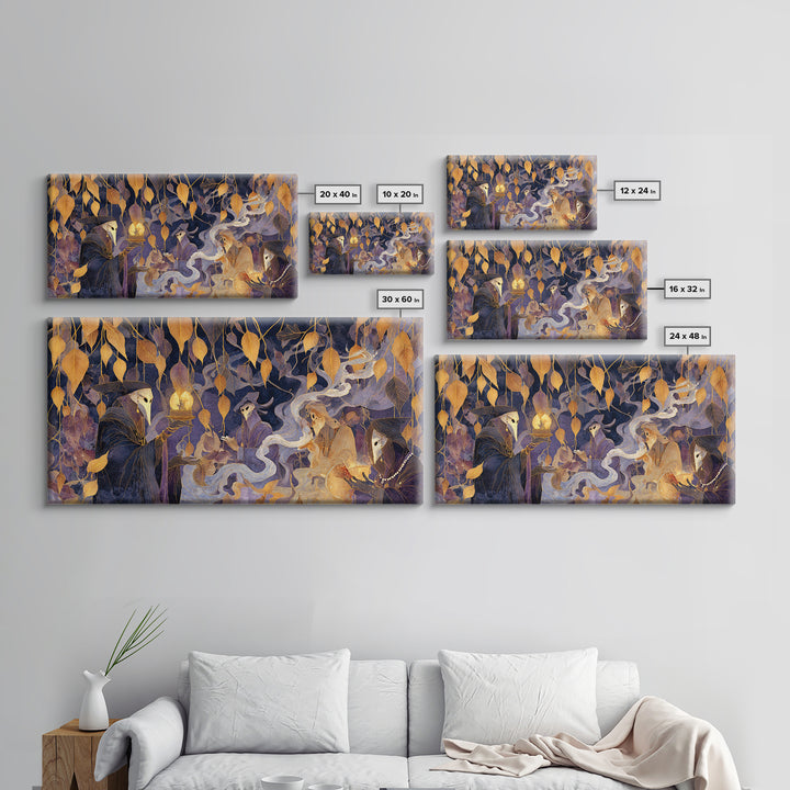 The Harvest Moon Tarot Reader - Procession Scene, Dark Fantasy Wall Art, Wide Panoramic Art, Canvas Print, Halloween Home Decor