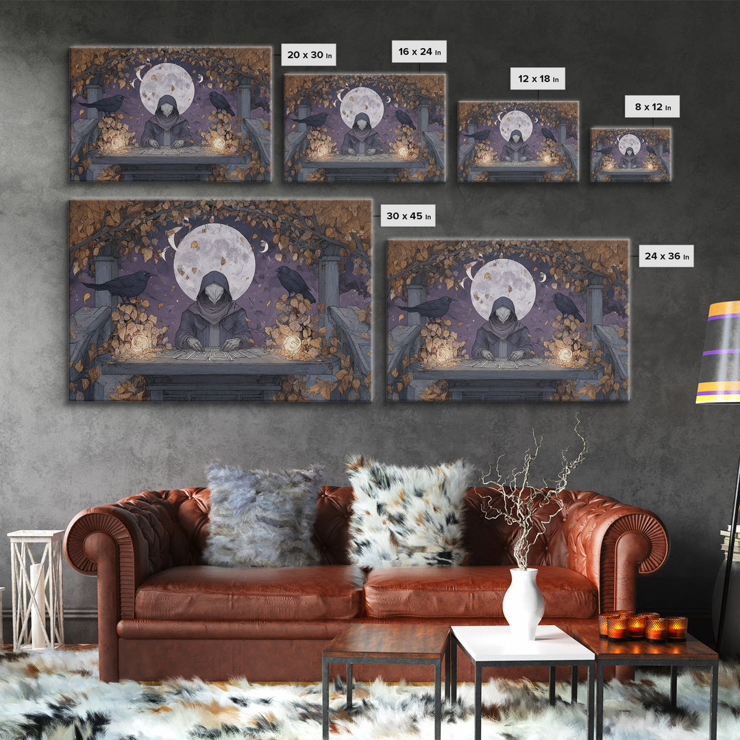 The Harvest Moon Tarot Reader - Surreal Celestial Vision, Occult Wall Decor, Landscape Wall Art, Canvas Print, Halloween Home Decor