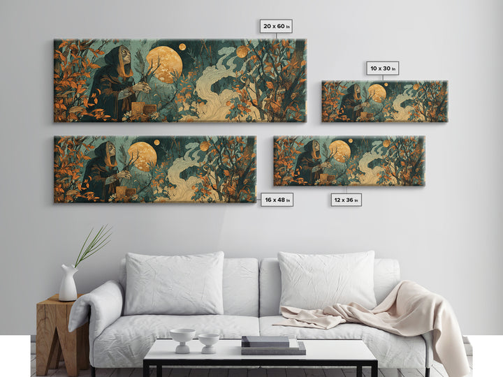 The Harvest Moon Tarot Reader - Surreal Celestial Vision, Occult Wall Decor, Extra Wide Wall Art, Canvas Print, Halloween Home Decor