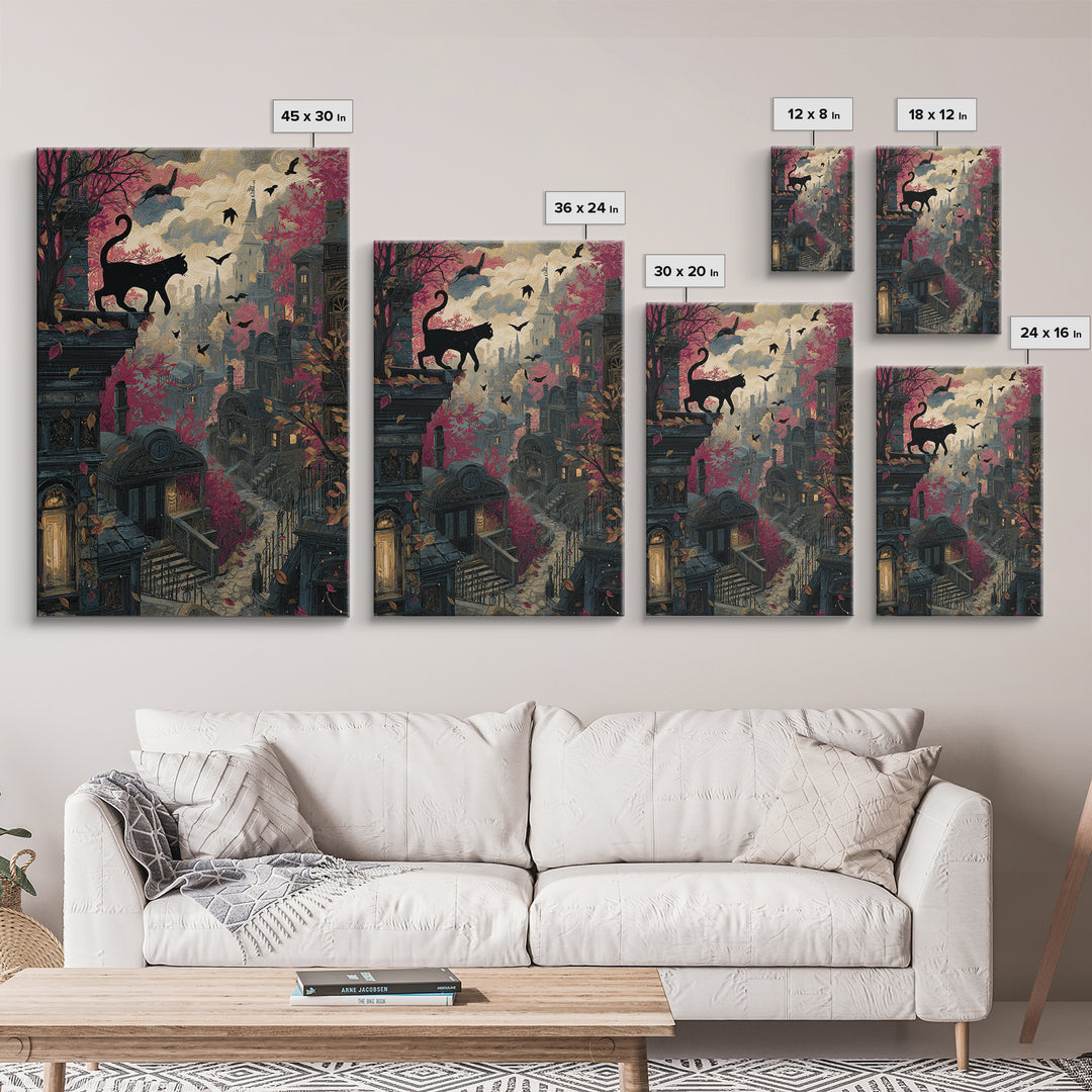 The Black Cat Constellation - Environmental Panorama, Macabre Halloween Art, Vertical Wall Art, Framed Canvas Print, Halloween Home Decor