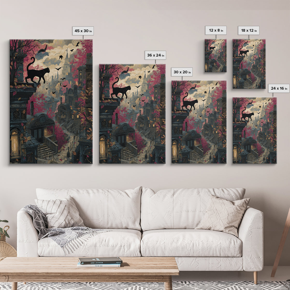 The Black Cat Constellation - Environmental Panorama, Macabre Halloween Art, Vertical Wall Art, Framed Canvas Print, Halloween Home Decor