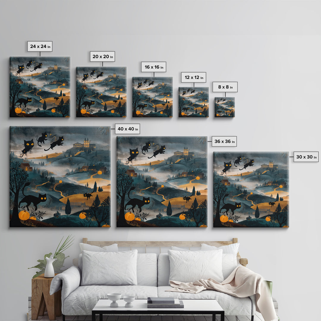 The Black Cat Constellation - Environmental Panorama, Halloween Wall Art, Square Wall Art, Framed Canvas Print, Halloween Home Decor