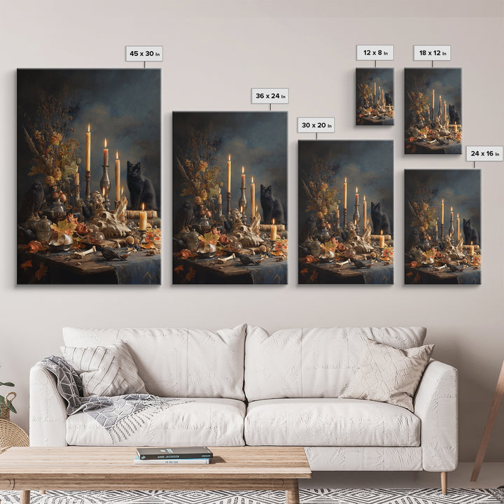 The Black Cat Constellation - Occult Still Life, Spooky Wall Decor, Vertical Wall Art, Framed Canvas Print, Halloween Home Decor