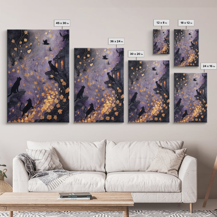 The Black Cat Constellation - Procession Scene, Halloween Wall Art, Vertical Wall Art, Framed Canvas Print, Halloween Home Decor