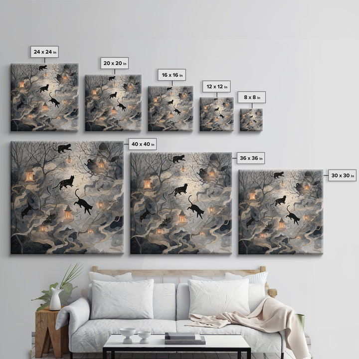 The Black Cat Constellation - Procession Scene, Macabre Halloween Art, Square Wall Art, Framed Canvas Print, Halloween Home Decor