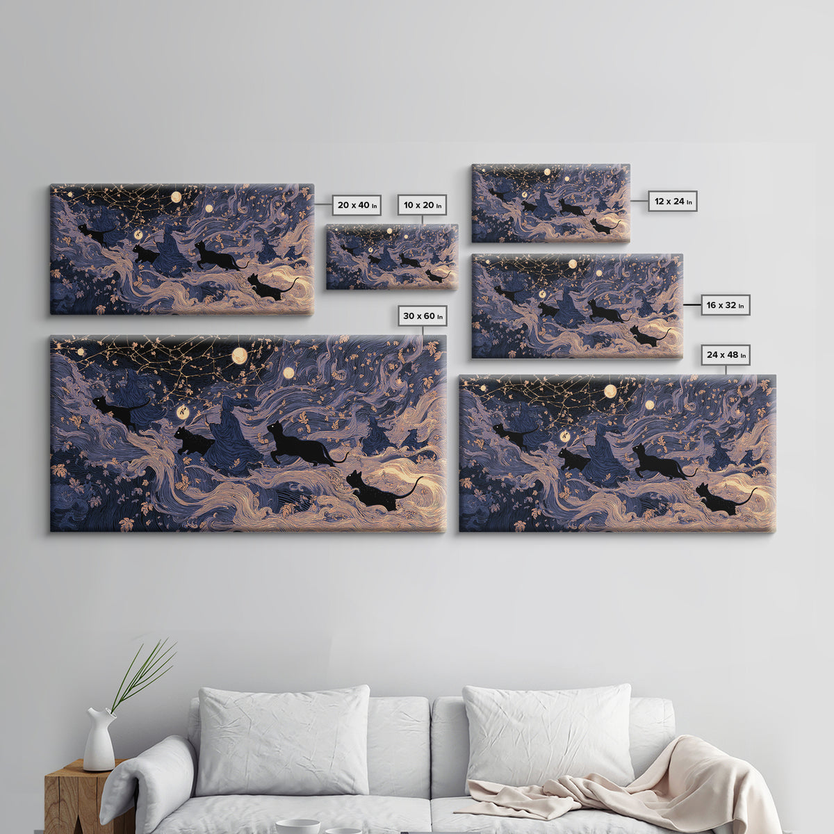 The Black Cat Constellation - Procession Scene, Occult Wall Decor, Wide Panoramic Art, Canvas Print, Halloween Home Decor, Gothic Wall Art