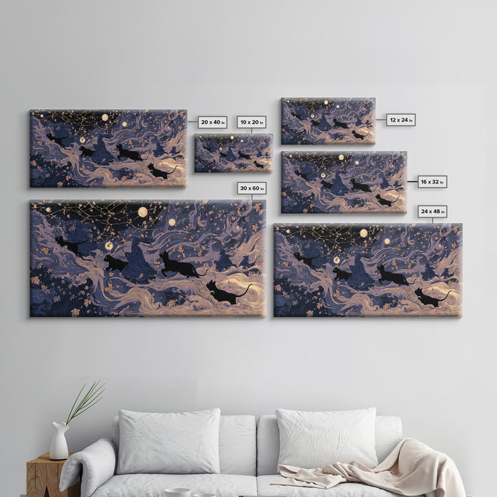 The Black Cat Constellation - Procession Scene, Occult Wall Decor, Wide Panoramic Art, Canvas Print, Halloween Home Decor, Gothic Wall Art