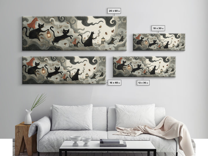 The Black Cat Constellation - Procession Scene, Gothic Home Decor, Extra Wide Wall Art, Canvas Print, Halloween Home Decor, Gothic Wall Art