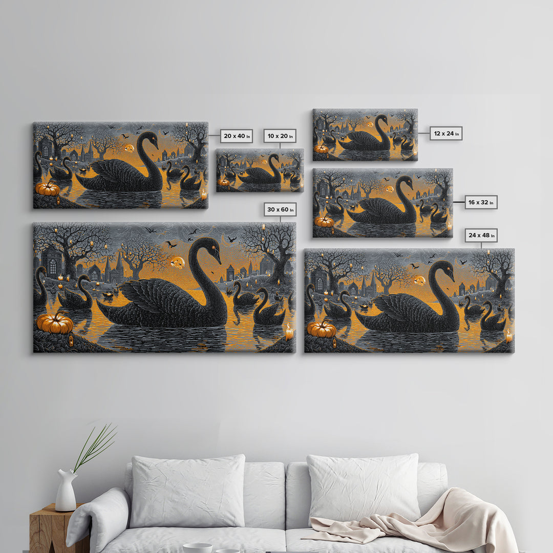 The Cemetery Swan Lake - Icon Portrait, Halloween Wall Art, Wide Panoramic Art, Framed Canvas Print, Halloween Home Decor, Gothic Wall Art