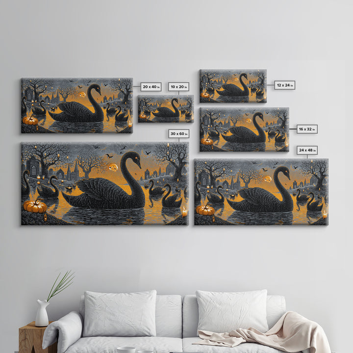 The Cemetery Swan Lake - Icon Portrait, Halloween Wall Art, Wide Panoramic Art, Framed Canvas Print, Halloween Home Decor, Gothic Wall Art