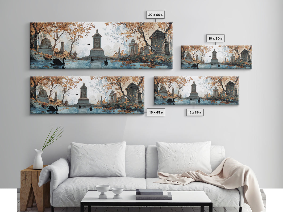 The Cemetery Swan Lake - Icon Portrait, Gothic Home Decor, Extra Wide Wall Art, Canvas Print, Halloween Home Decor, Gothic Wall Art