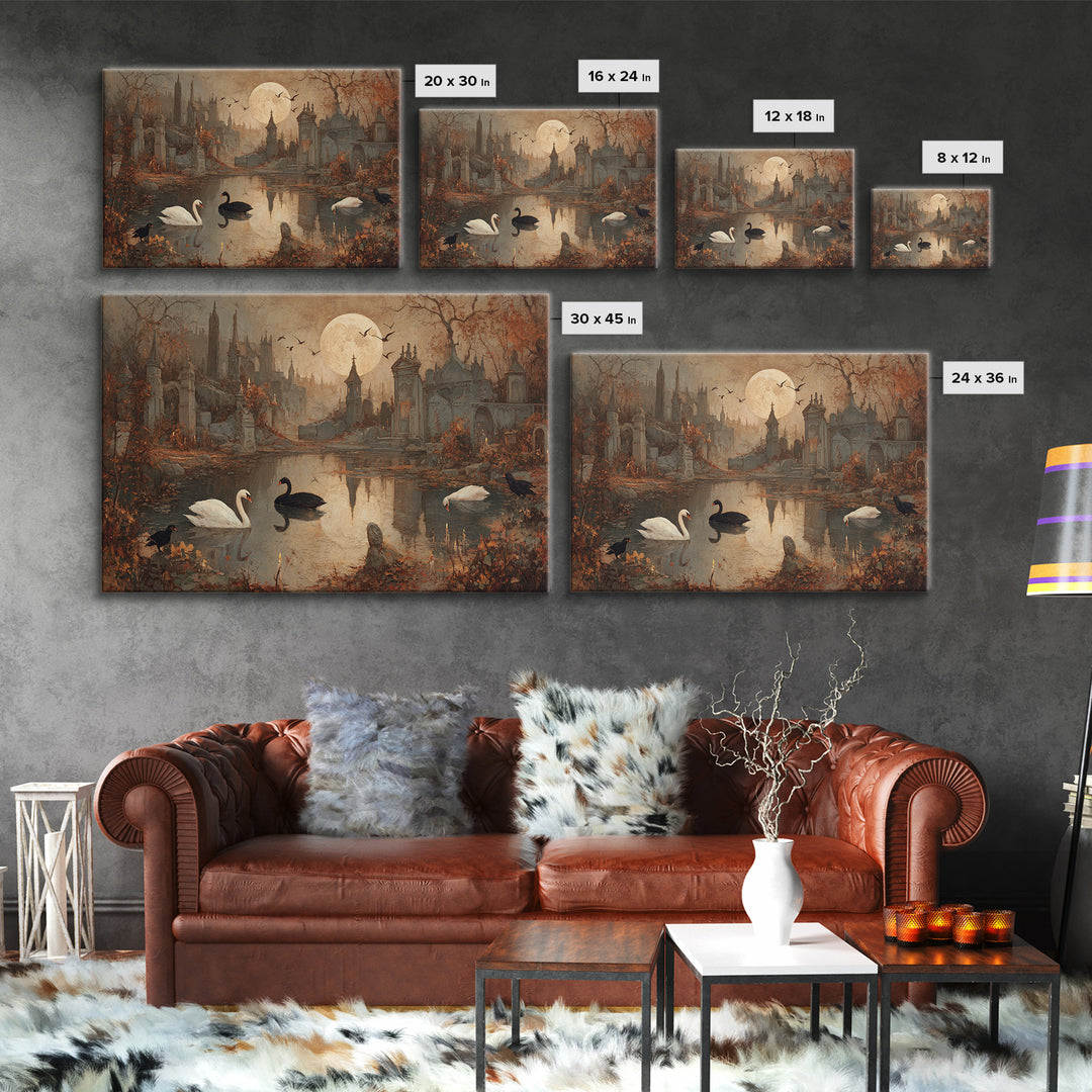 The Cemetery Swan Lake - Environmental Panorama, Occult Wall Decor, Landscape Wall Art, Canvas Print, Halloween Home Decor, Gothic Wall Art