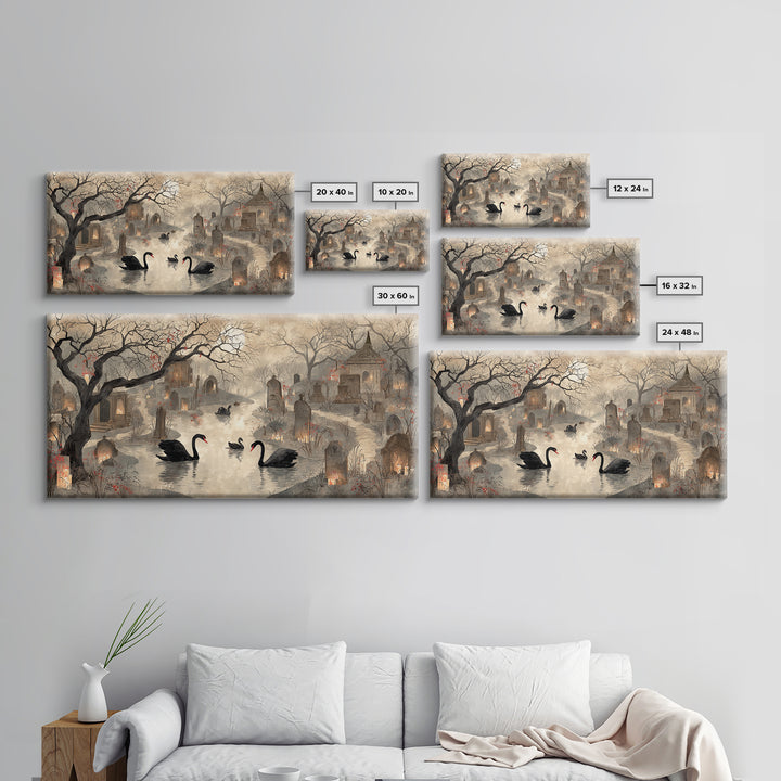 The Cemetery Swan Lake - Environmental Panorama, Dark Fantasy Wall Art, Wide Panoramic Art, Canvas Print, Halloween Home Decor