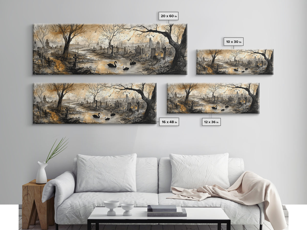 The Cemetery Swan Lake - Environmental Panorama, Halloween Wall Art, Extra Wide Wall Art, Framed Canvas Print, Halloween Home Decor