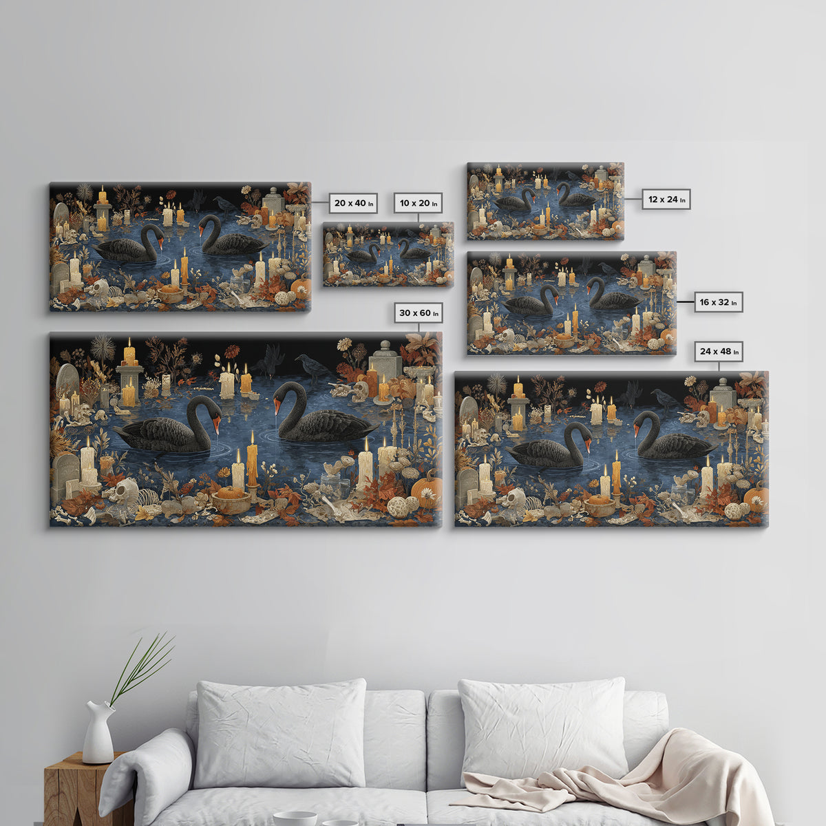 The Cemetery Swan Lake - Occult Still Life, Halloween Wall Art, Wide Panoramic Art, Framed Canvas Print, Halloween Home Decor