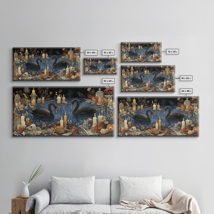 The Cemetery Swan Lake - Occult Still Life, Halloween Wall Art, Wide Panoramic Art, Framed Canvas Print, Halloween Home Decor