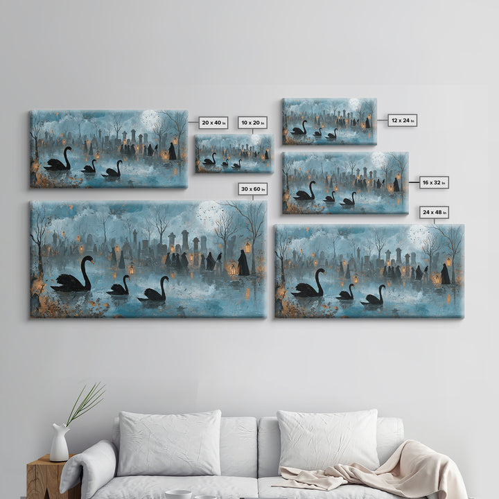 The Cemetery Swan Lake - Procession Scene, Spooky Wall Decor, Wide Panoramic Art, Framed Canvas Print, Halloween Home Decor, Gothic Wall Art