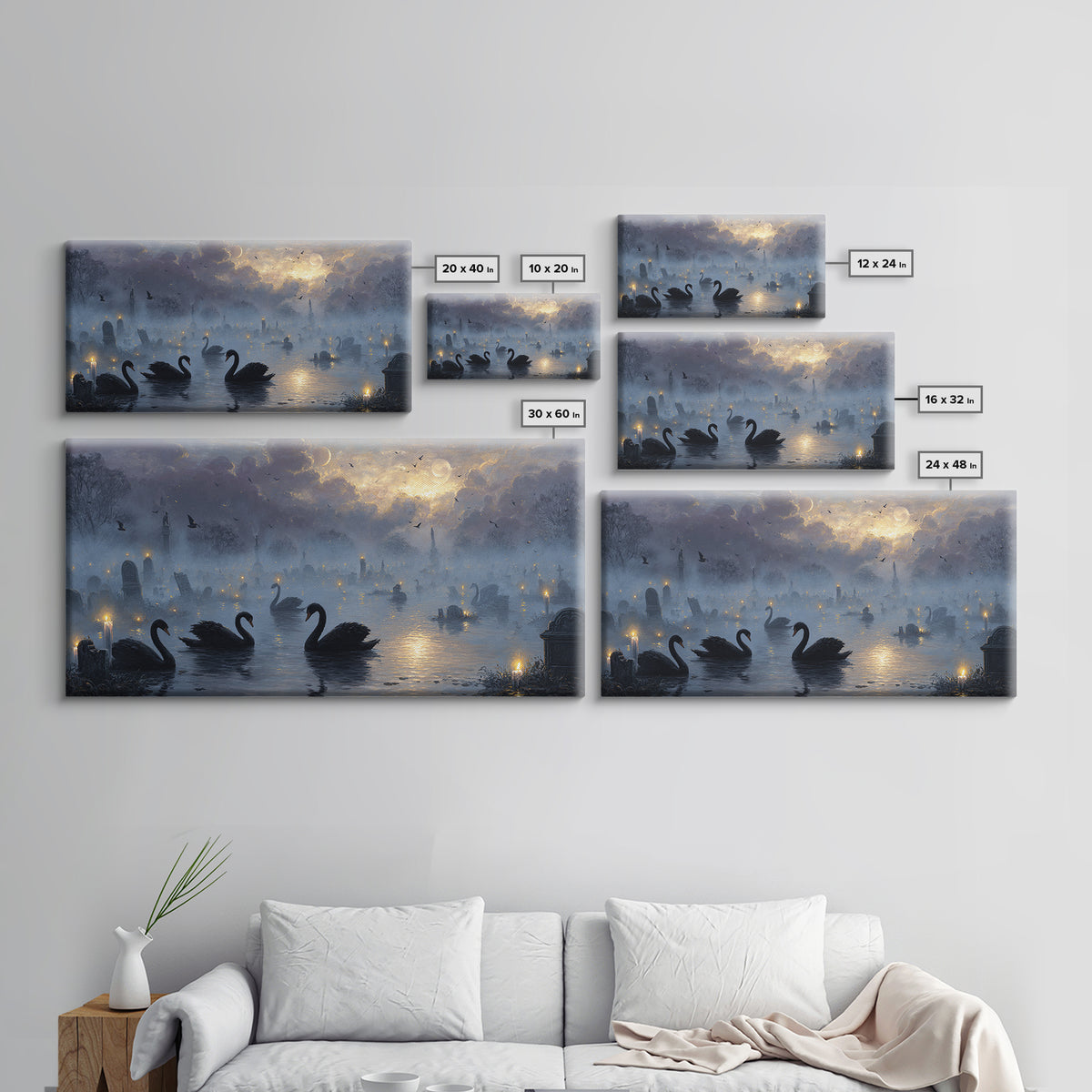 The Cemetery Swan Lake - Surreal Celestial Vision, Halloween Wall Art, Wide Panoramic Art, Framed Canvas Print, Halloween Home Decor