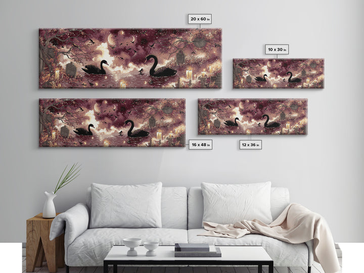 The Cemetery Swan Lake - Surreal Celestial Vision, Gothic Home Decor, Extra Wide Wall Art, Canvas Print, Halloween Home Decor