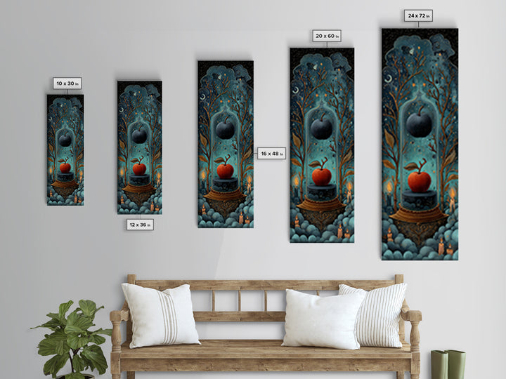 The Poison Apple Reliquary - Surreal Celestial Vision, Gothic Home Decor, Tall Narrow Wall Art, Canvas Print, Halloween Home Decor